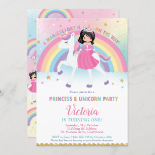 Princess and Unicorn Rainbow Castle Birthday Party Invitation