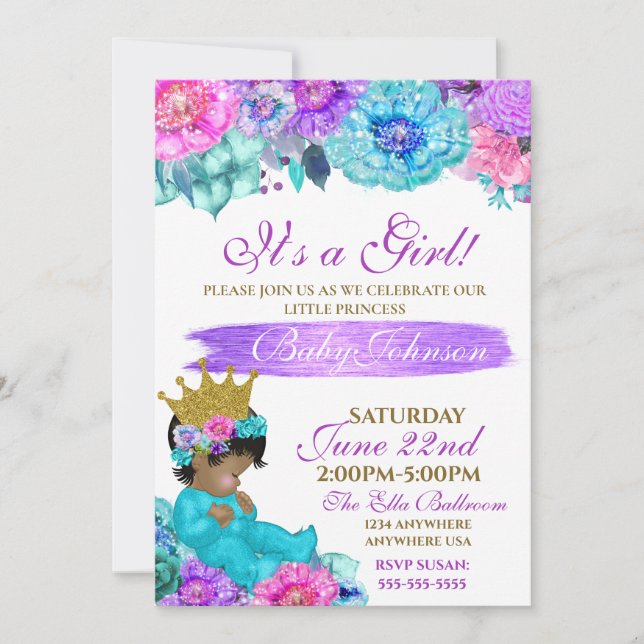 Princess Baby elegant Purple teal Gold baby shower Invitation (Front)
