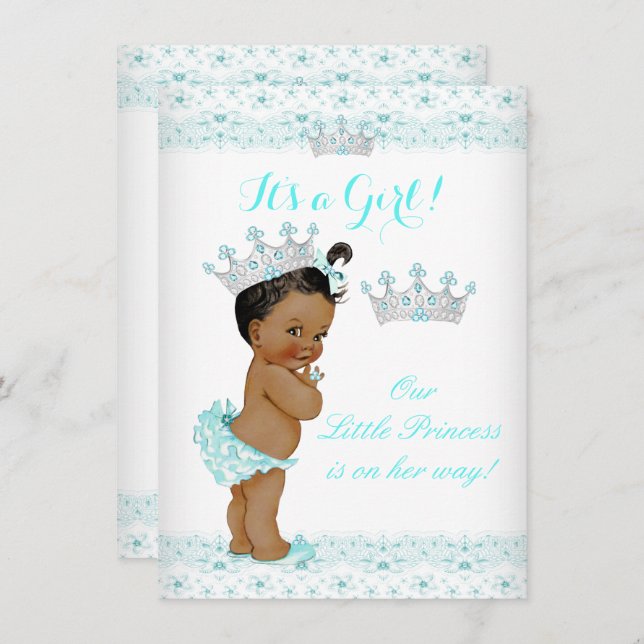Princess Baby Shower Aqua White Tiara Ethnic Invitation (Front/Back)
