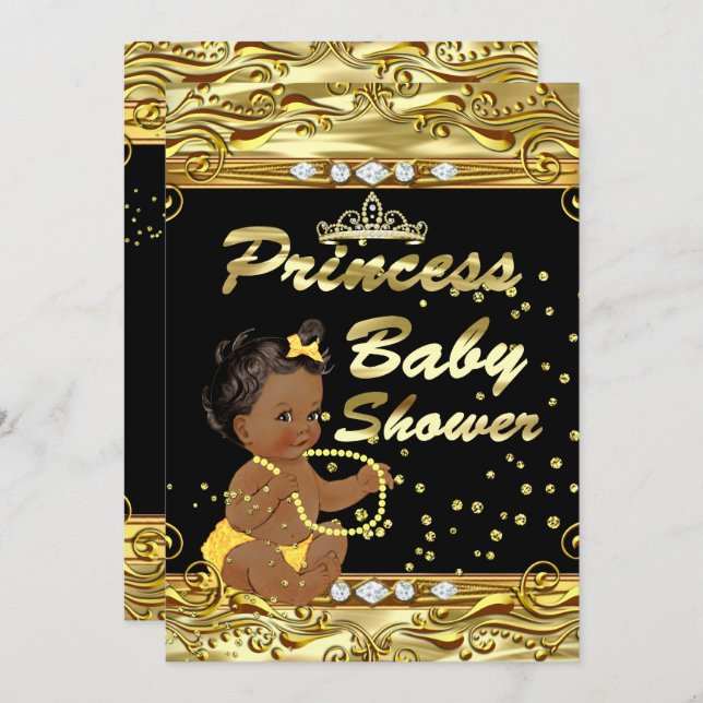 Princess Baby Shower Black Gold Sprinkle Ethnic Invitation (Front/Back)
