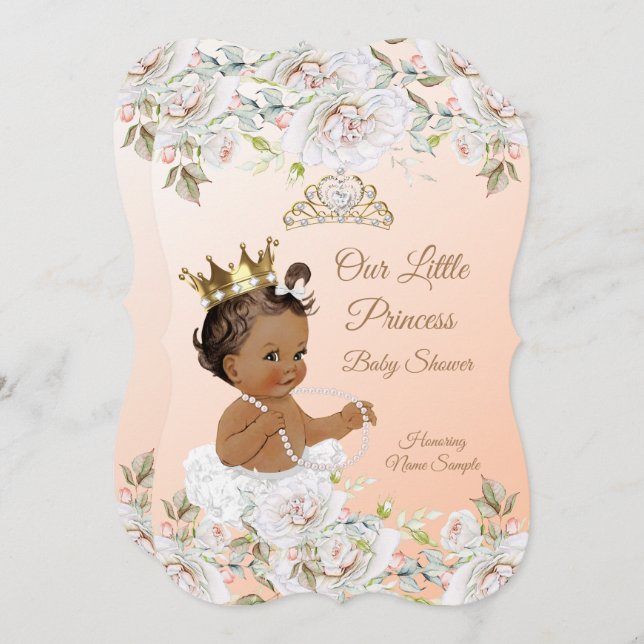 Princess Baby Shower Coral Peach White Ethnic Invitation (Front/Back)
