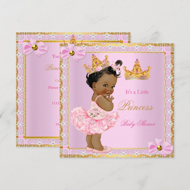 Princess Baby Shower Cute Girl Pink Golden Ethnic Invitation (Front/Back)