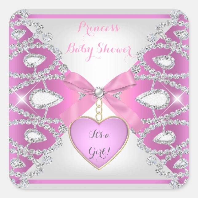 Princess Baby Shower Diamonds Baby Girl Pink Square Sticker (Front)
