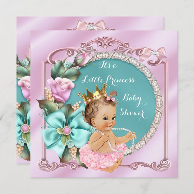 Princess Baby Shower Floral Teal Pink Brunette Invitation (Front/Back)