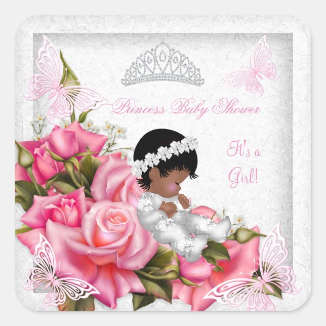 Princess Baby Shower Girl Butterfly Pink Rose 3 Square Sticker (Front)