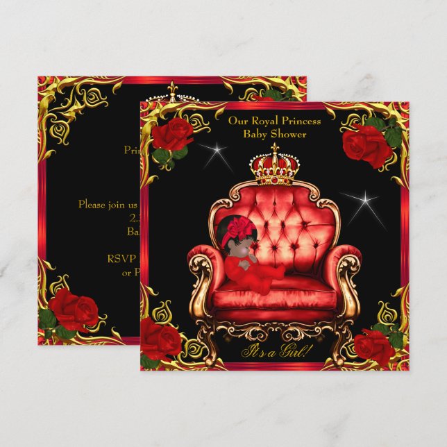 Princess Baby Shower Girl Gold Red Rose Chair 4 Invitation (Front/Back)