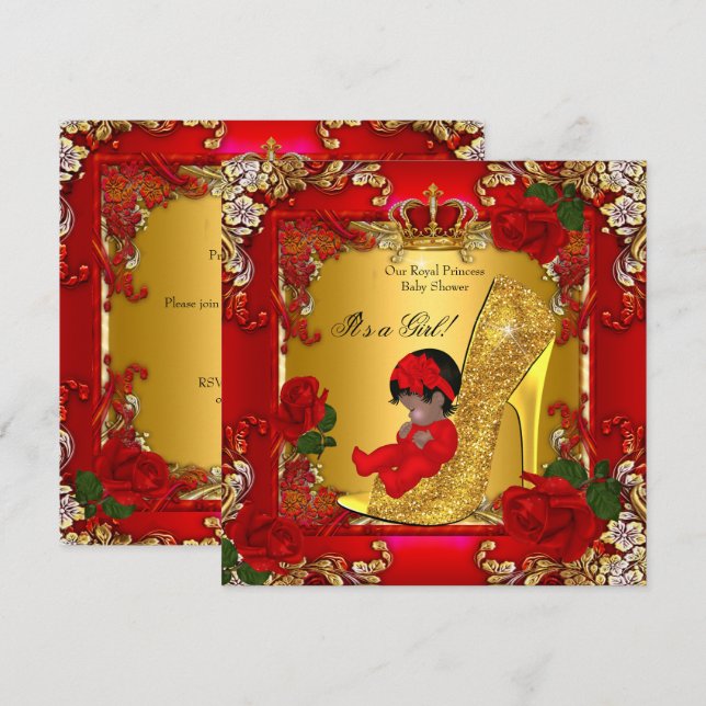 Princess Baby Shower Girl Gold Red Rose Hi Heel Invitation (Front/Back)