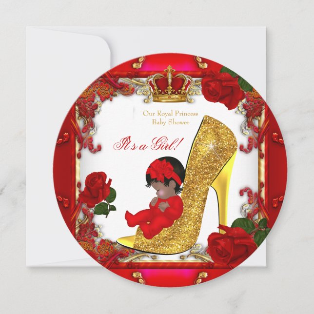 Princess Baby Shower Girl Gold Red Rose Hi Heel R1 Invitation (Front)