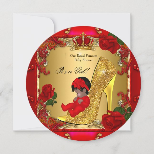Princess Baby Shower Girl Gold Red Rose Hi Heel R Invitation (Front)