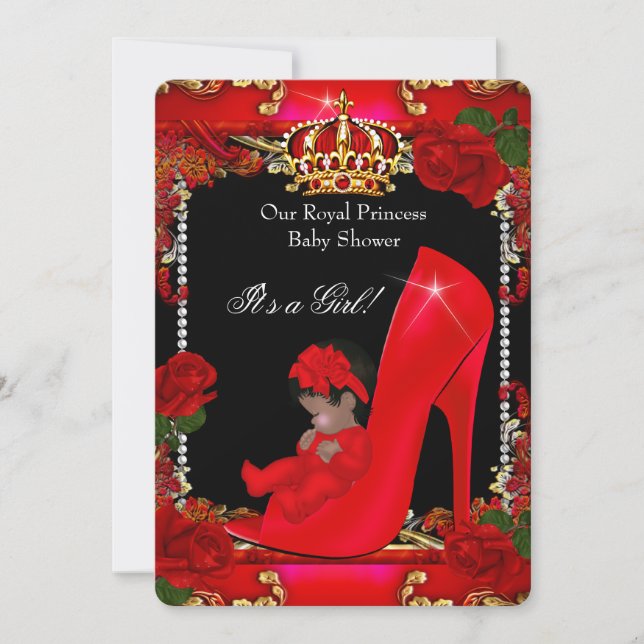Princess Baby Shower Girl Gold Red Rose Shoe 2 Invitation (Front)