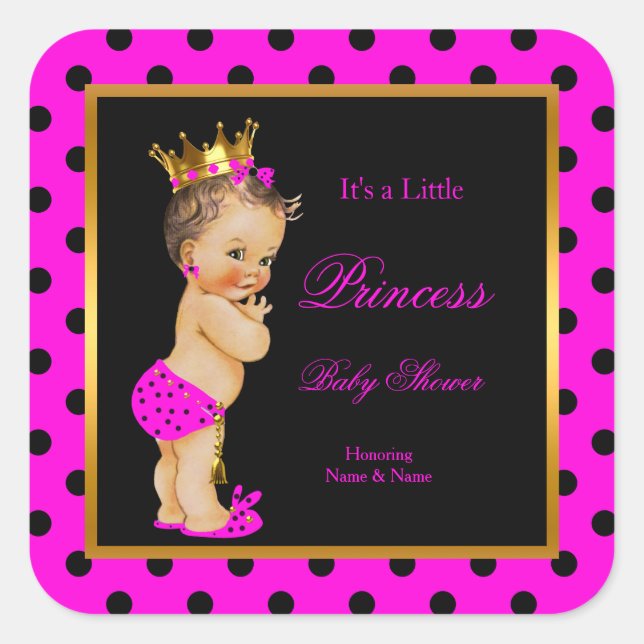 Princess Baby Shower Girl Hot Pink Black Brunette Square Sticker (Front)