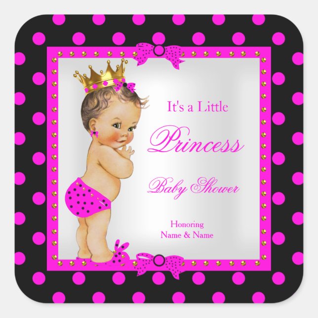Princess Baby Shower Girl Hot Pink Brunette Square Sticker (Front)