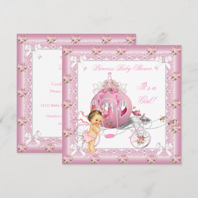 Princess Baby Shower Girl Pink Pearls Brunette Invitation (Front/Back)