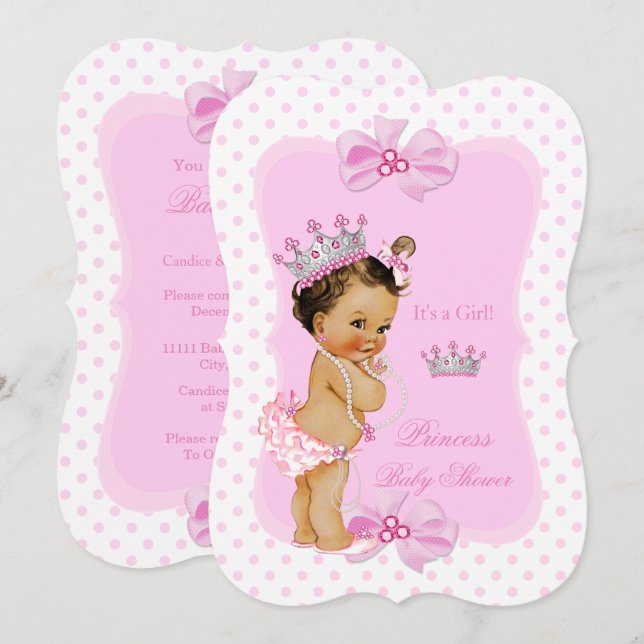 Princess Baby Shower Girl Pink Polka Dot Brunette Invitation (Front/Back)