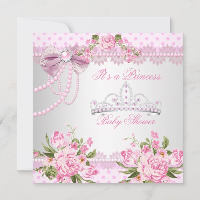 Princess Baby Shower Girl Pink Rose Pearl Lace Invitation (Front)