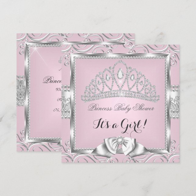 Princess Baby Shower Girl Pink Silver damask Invitation (Front/Back)
