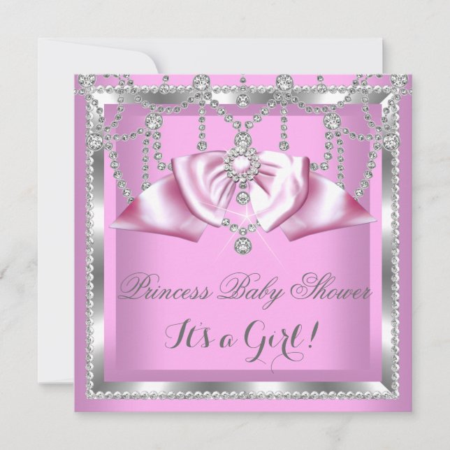Princess Baby Shower Girl Pink Silver Diamond Invitation (Front)