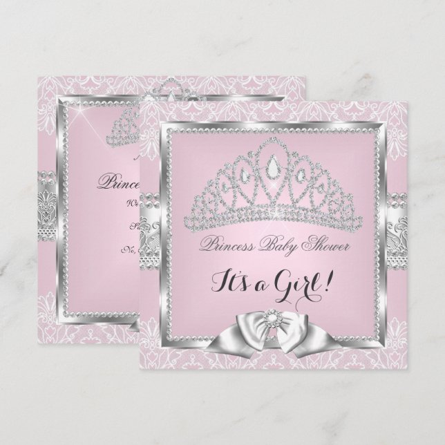 Princess Baby Shower Girl Pink Silver Lace 3 Invitation (Front/Back)