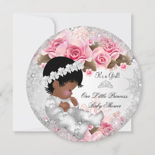 Princess Baby Shower Girl Pink Snowflake Roses R Invitation (Front)