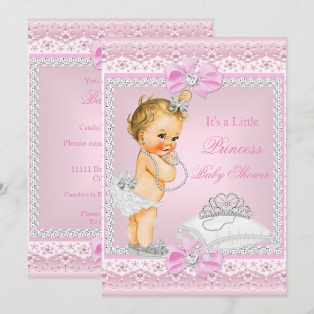 Princess Baby Shower Girl Pink Tiara Heart Blonde Invitation (Front/Back)