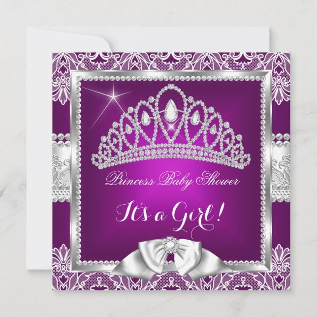 Princess Baby Shower Girl Plum Pink Silver Lace 5 Invitation (Front)