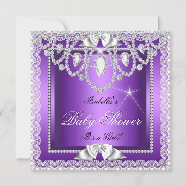 Princess Baby Shower Girl Purple Lace Diamond 2 Invitation (Front)