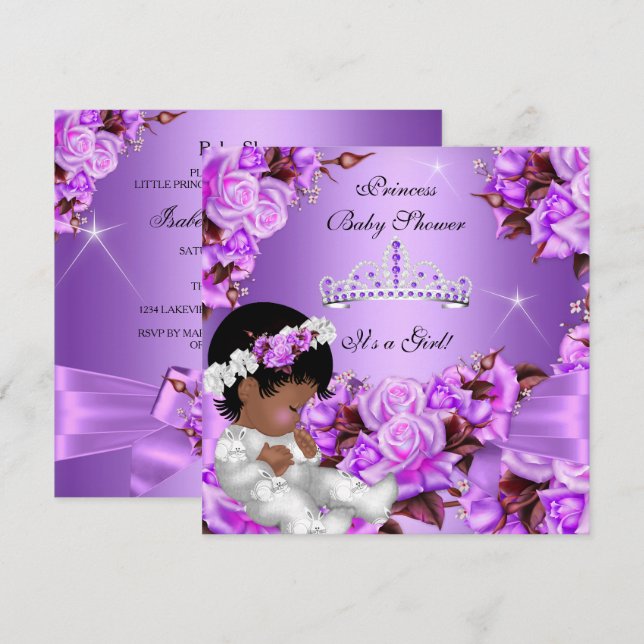 Princess Baby Shower Girl Purple Pink Rose Bow 2 Invitation (Front/Back)