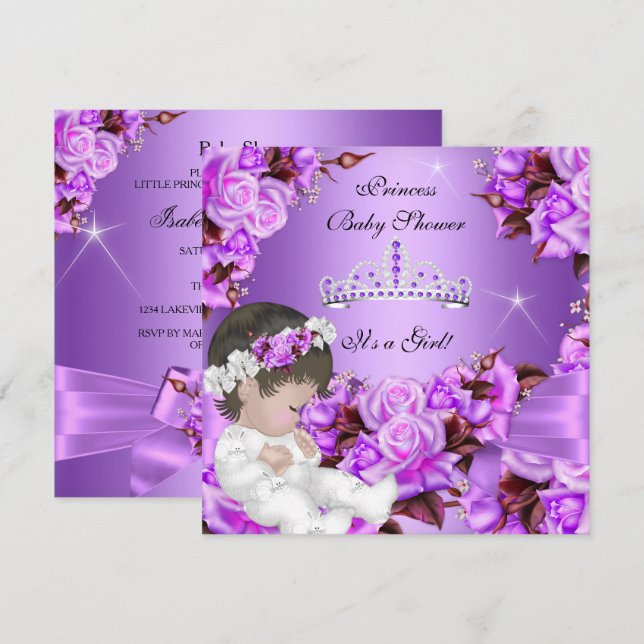 Princess Baby Shower Girl Purple Pink Rose Bow 3 Invitation (Front/Back)