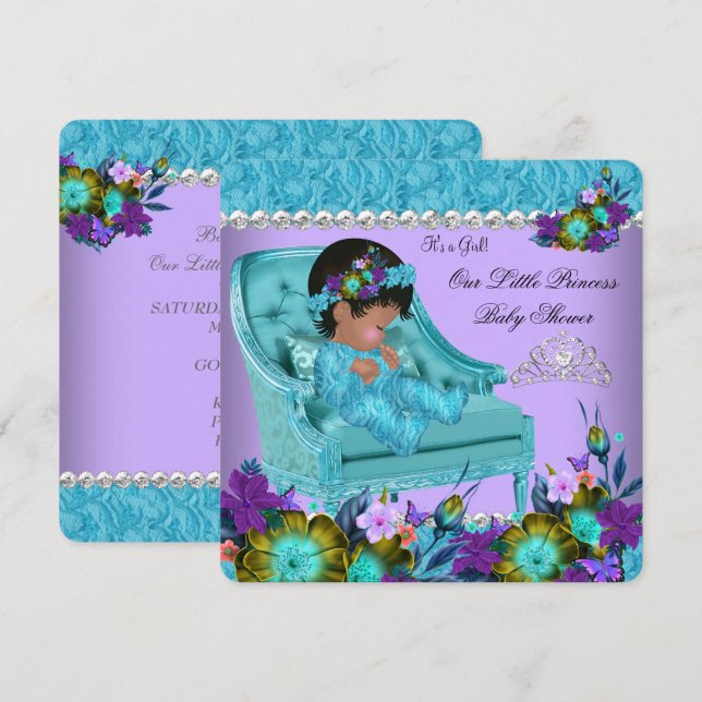 Princess Baby Shower Girl Purple Teal Blue Chair 2 Invitation (Front/Back)