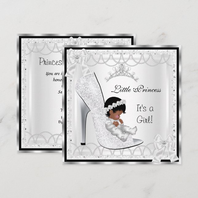 Princess Baby Shower Girl Silver White Shoe 3 Invitation (Front/Back)
