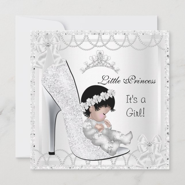 Princess Baby Shower Girl Silver White Shoe Invitation (Front)