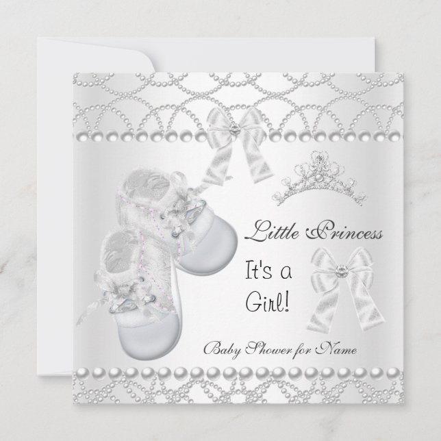 Princess Baby Shower Girl Silver White Shoes Invitation (Front)