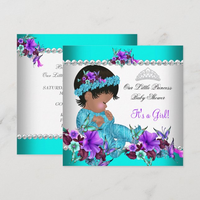 Princess Baby Shower Girl Teal Blue Purple 3 Invitation (Front/Back)