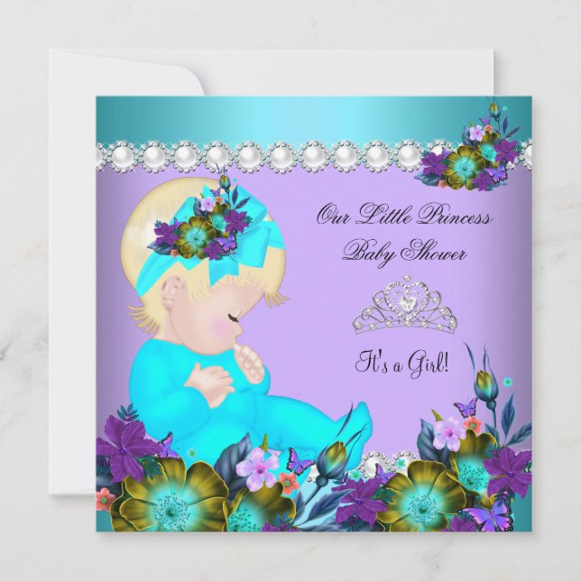 Princess Baby Shower Girl Teal Blue Purple Blonde Invitation (Front)
