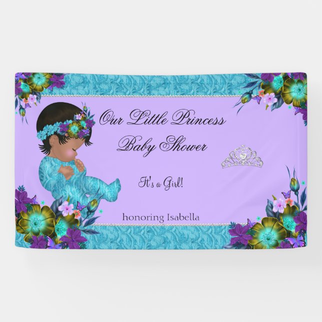 Princess Baby Shower Girl Teal Blue Purple Ethnic Banner (Horizontal)
