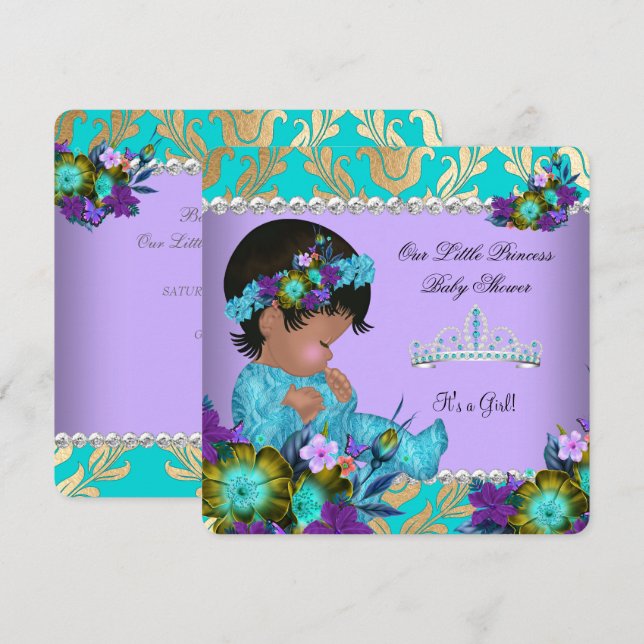 Princess Baby Shower Girl Teal Blue Purple Gold Invitation (Front/Back)