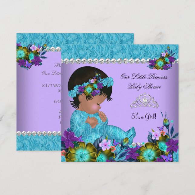 Princess Baby Shower Girl Teal Blue Purple Invitation (Front/Back)