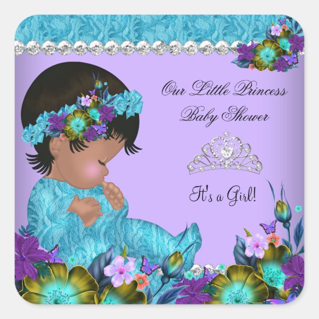 Princess Baby Shower Girl Teal Blue Purple Square Sticker (Front)