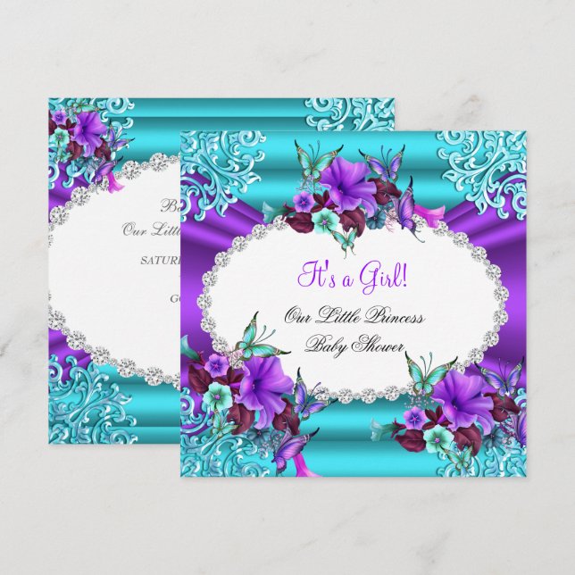 Princess Baby Shower Girl Teal Purple Floral Invitation (Front/Back)