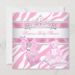 Princess Baby Shower Girl Zebra Pink White Bear Invitation