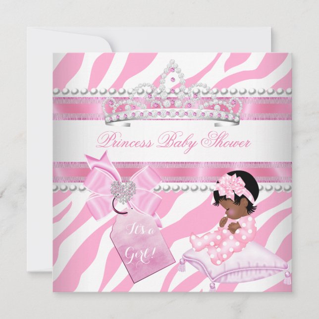 Princess Baby Shower Girl Zebra Pink White Ethnic Invitation (Front)