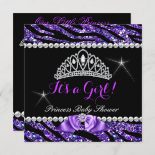 Princess Baby Shower Glitter Purple Zebra Bow Invitation