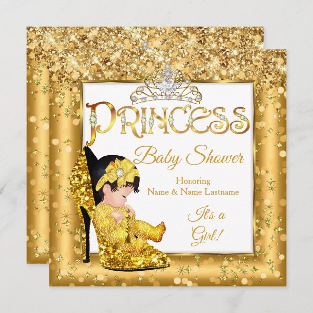 Princess Baby Shower Gold High Heel Glitter Medium Invitation (Front/Back)