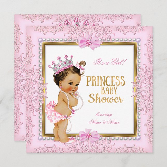 Princess Baby Shower Gold Pink Pearls Lace Invitation (Front/Back)