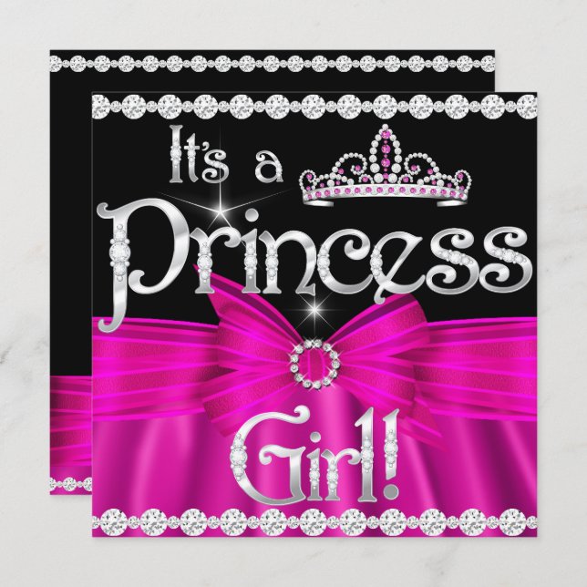 Princess Baby Shower Hot Pink Bow Silver Tiara 2 Invitation (Front/Back)