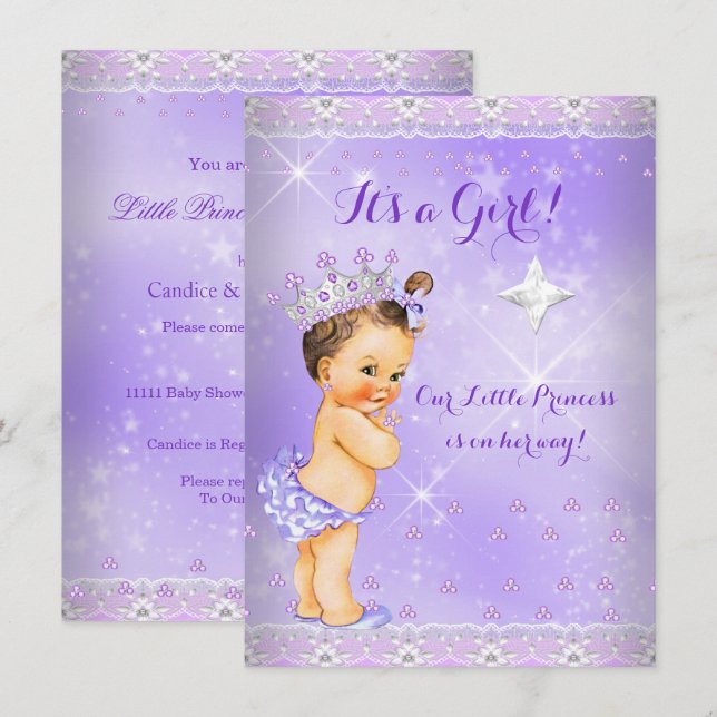 Princess Baby Shower Lilac Lavender Tiara Brunette Invitation (Front/Back)
