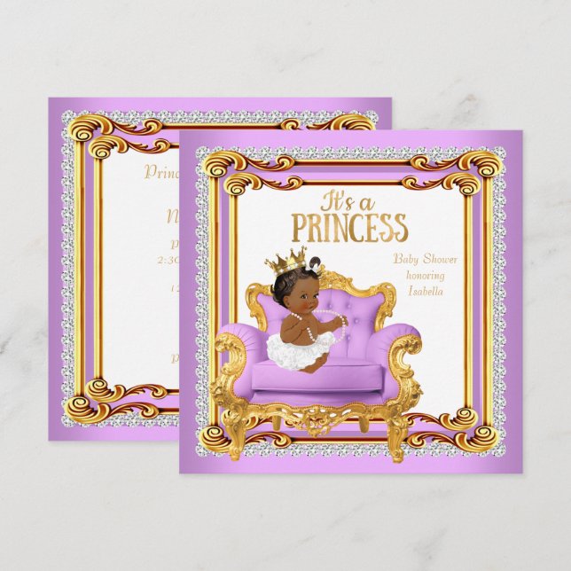 Princess Baby Shower Lilac Pink Gold Chair Ethnic Invitation (Front/Back)
