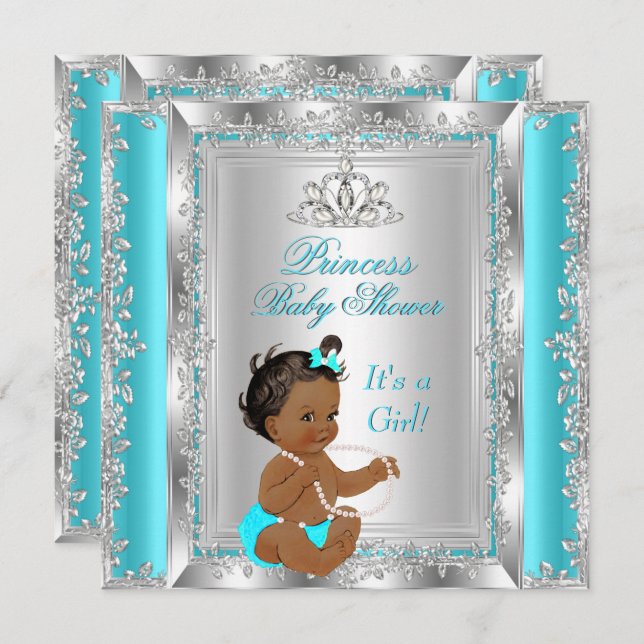 Princess Baby Shower Party Teal Silver Ethnic Invitation (Front/Back)