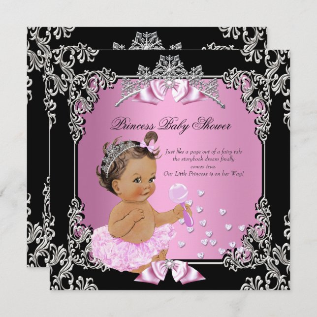 Princess Baby Shower Pink Black Tutu Brunette Invitation (Front/Back)