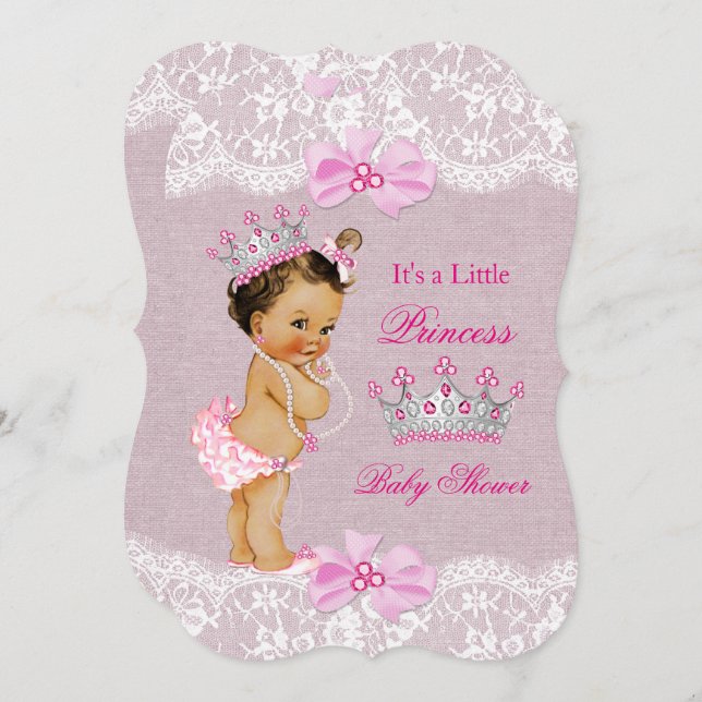 Princess Baby Shower Pink Burlap Lace Brunette Invitation (Front/Back)